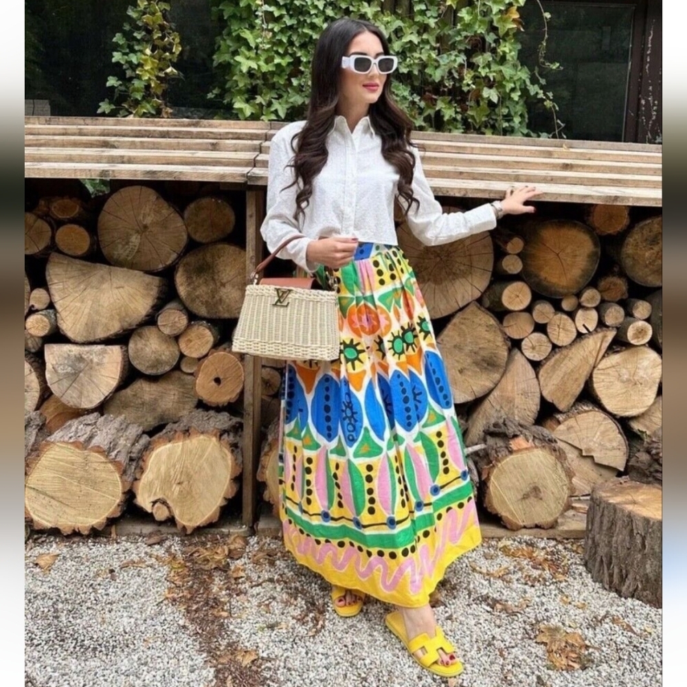 Zara Multicolor Floral & Geometric Maxi Skirt - Yellow, Blue, Green, Pink - Picture 2 of 15